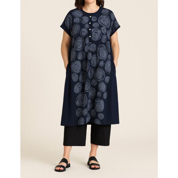 Alembika Art Print Lagenlook Dress Black Gray Viscose Midi Short Sleeve Sz 4 - Picture 1 of 8